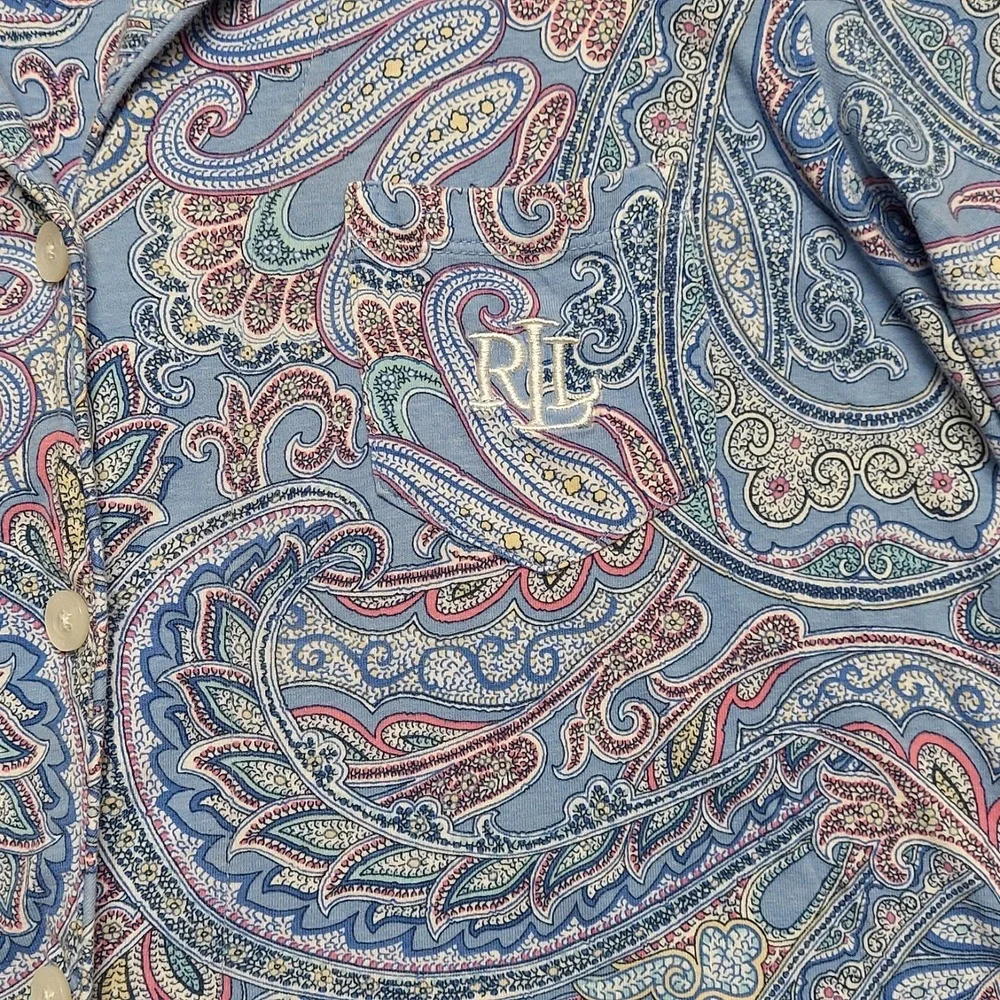 Lauren Ralph Lauren Women PM Blue Paisley‎ Pajama Top Button Classic Sleepwear
